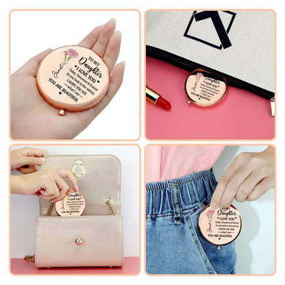 Metal Compact Mirror for Daughter, Floral Rose Gold Keepsake, 'I Love You' Message, Unique Creative Gift for Her