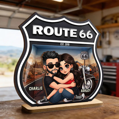 Personalized Route 66 Biker Couple 2-Layer Wooden Plaque for Motorcycle Lovers, Unique Romantic Gift for Couple