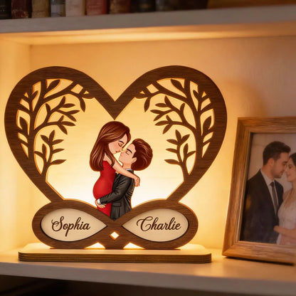 Personalized 2-Layer Wooden Plaque Kissing Couple in Infinity Heart for Bedroom Decor Unique Romantic Gift for Couples