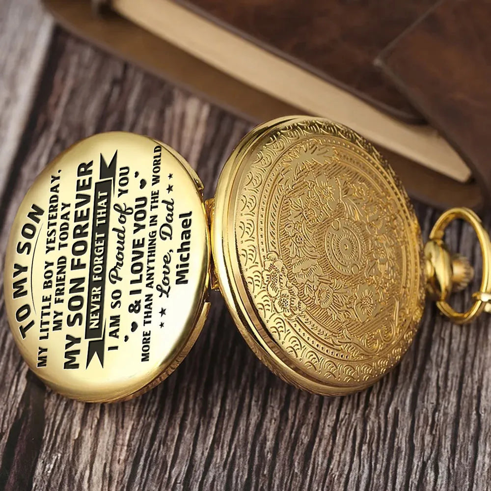 Personalized Pocket Watch for Son, Vintage Gold Keepsake, Unique Gift from Dad