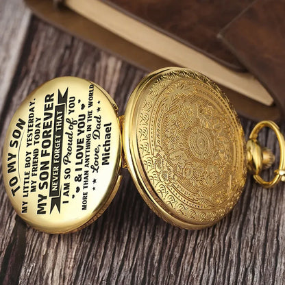 Personalized Pocket Watch for Son, Vintage Gold Keepsake, Unique Gift from Dad
