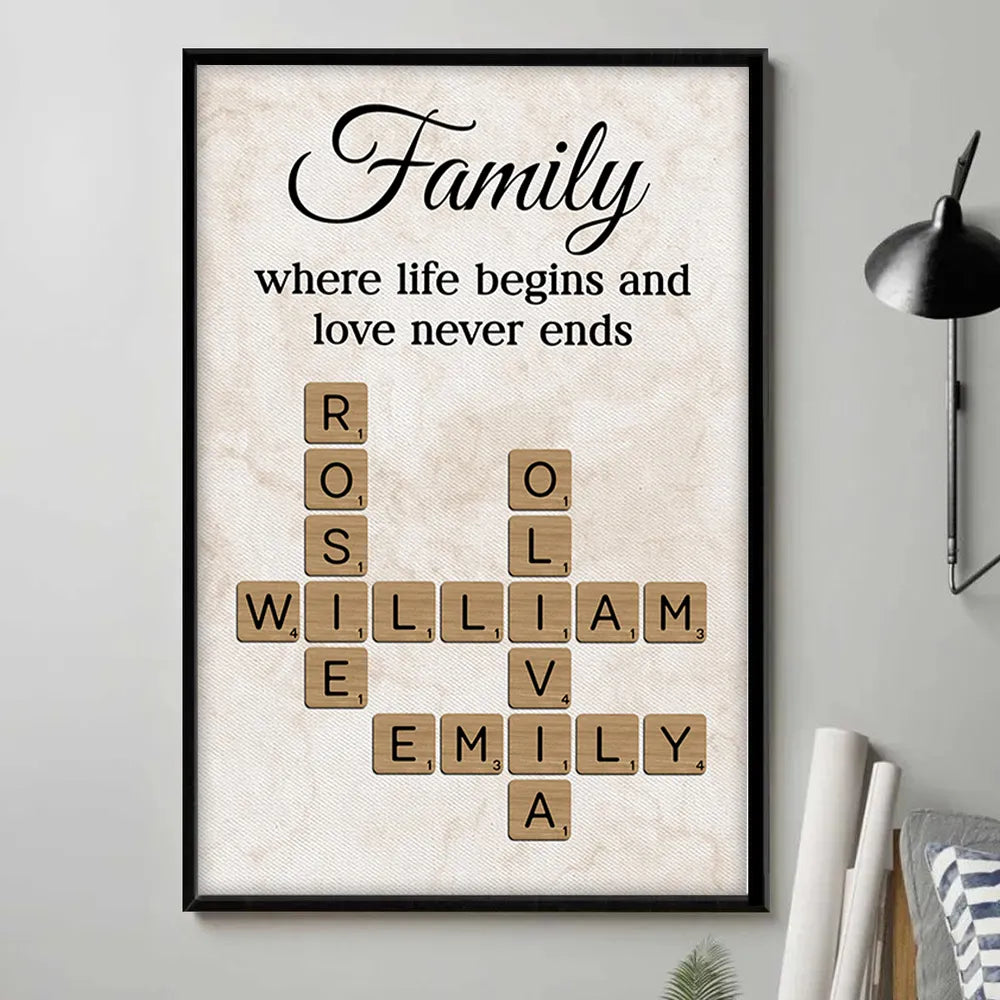 Family Where Life Begins and Love Never Ends Personalized Poster – Custom Crossword Wall Art, Heartfelt Gift for Any Home