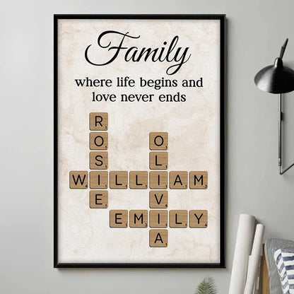 Family Where Life Begins and Love Never Ends Personalized Poster – Custom Crossword Wall Art, Heartfelt Gift for Any Home