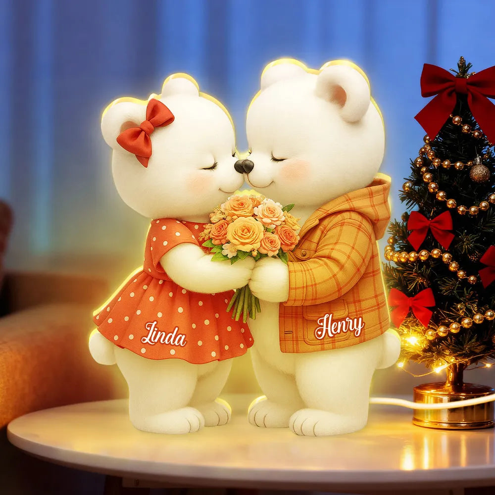 Personalized Acrylic Light Box with Kissing Bear Couple, Soft Warm Glow Romantic Bedroom Lamp, Unique Gift for Couples