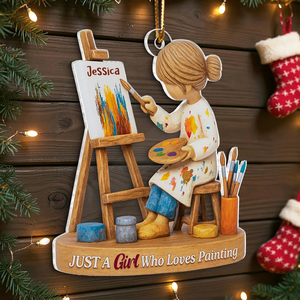 Personalized Acrylic Ornament, Girl Painting at an Easel, Unique Christmas Gift for Artist