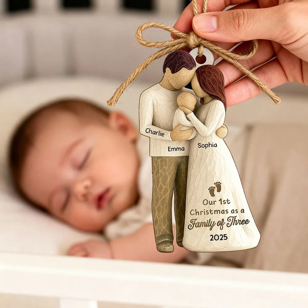 Custom Family of Three Wooden Ornament – New Baby Christmas Keepsake for Proud Parents, Unique Holiday Gift