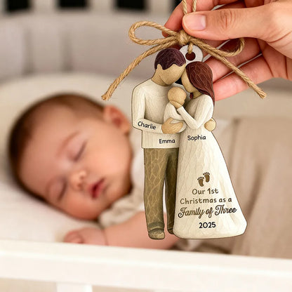 Custom Family of Three Wooden Ornament – New Baby Christmas Keepsake for Proud Parents, Unique Holiday Gift