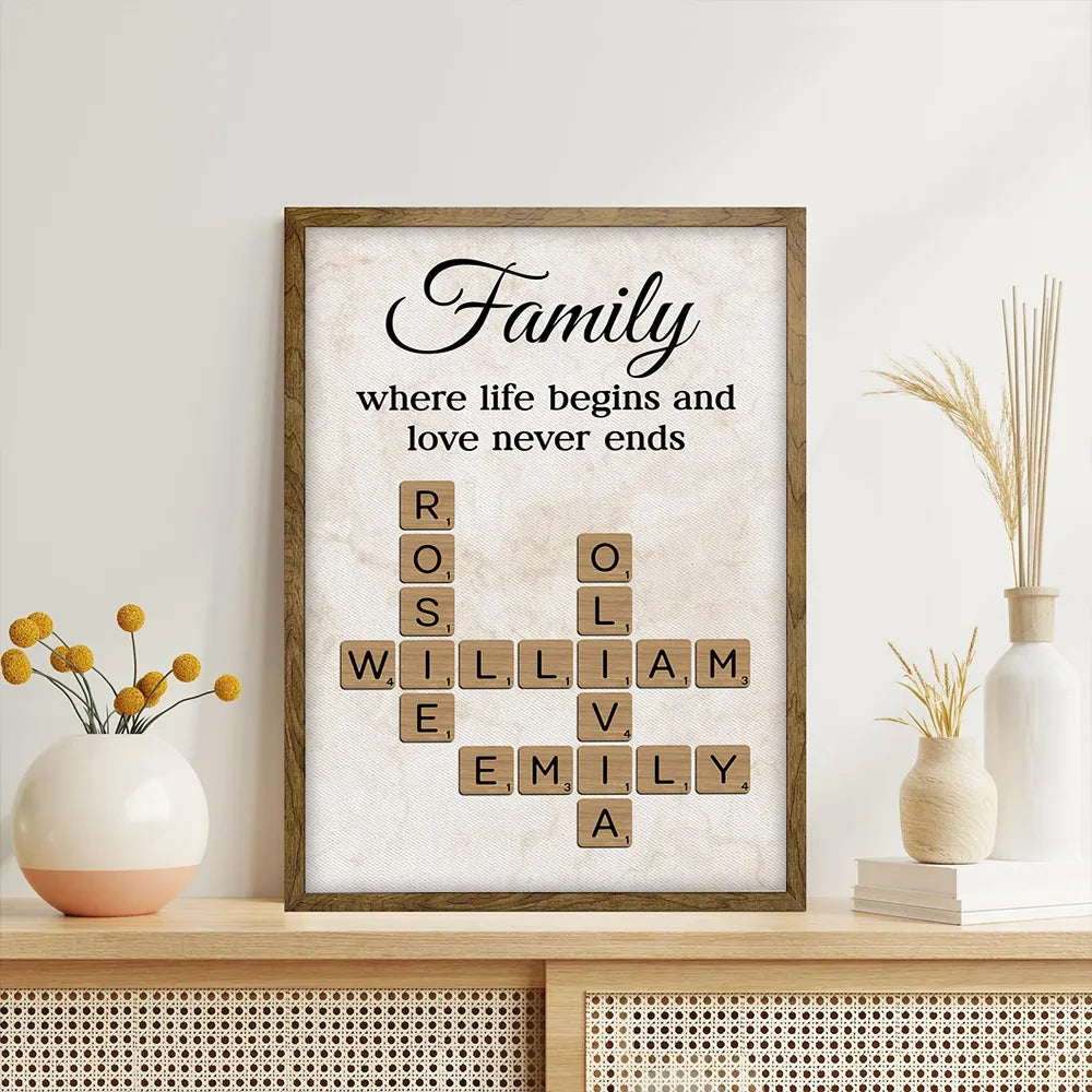 Family Where Life Begins and Love Never Ends Personalized Poster – Custom Crossword Wall Art, Heartfelt Gift for Any Home