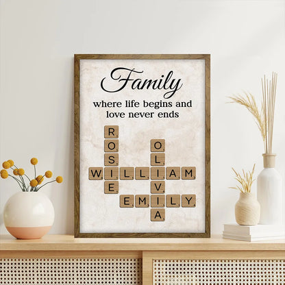 Family Where Life Begins and Love Never Ends Personalized Poster – Custom Crossword Wall Art, Heartfelt Gift for Any Home