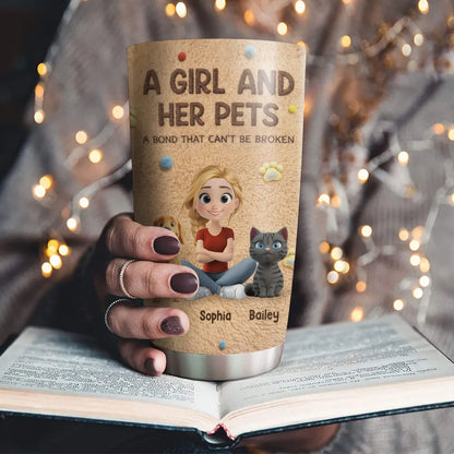 Personalized Insulated Travel Tumbler With Sitting Girl & Pets, Unique Gift for Pet Mom, Warm Cartoon Design
