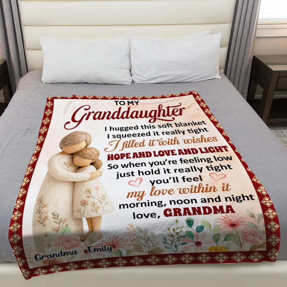 Personalized Fleece Blanket, Hugging Grandma and Granddaughter Floral Design, Unique Gift for Granddaughter