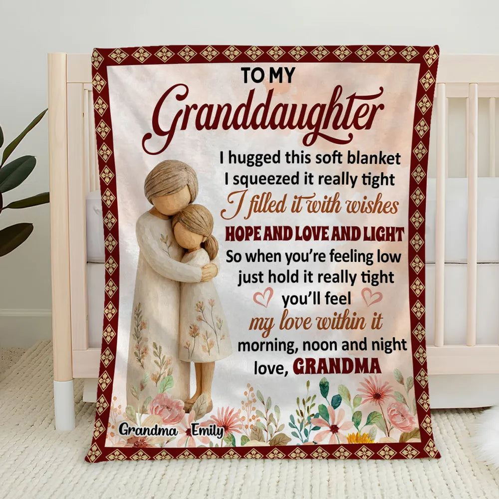 Personalized Fleece Blanket, Hugging Grandma and Granddaughter Floral Design, Unique Gift for Granddaughter
