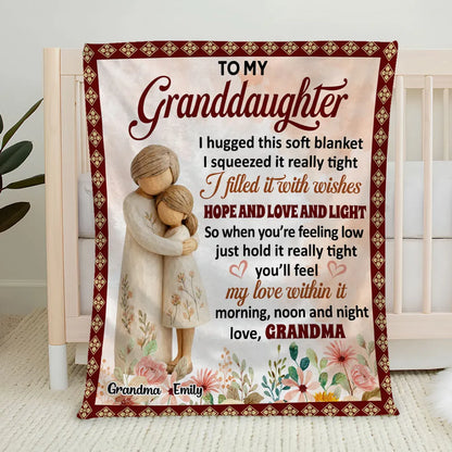 Personalized Fleece Blanket, Hugging Grandma and Granddaughter Floral Design, Unique Gift for Granddaughter