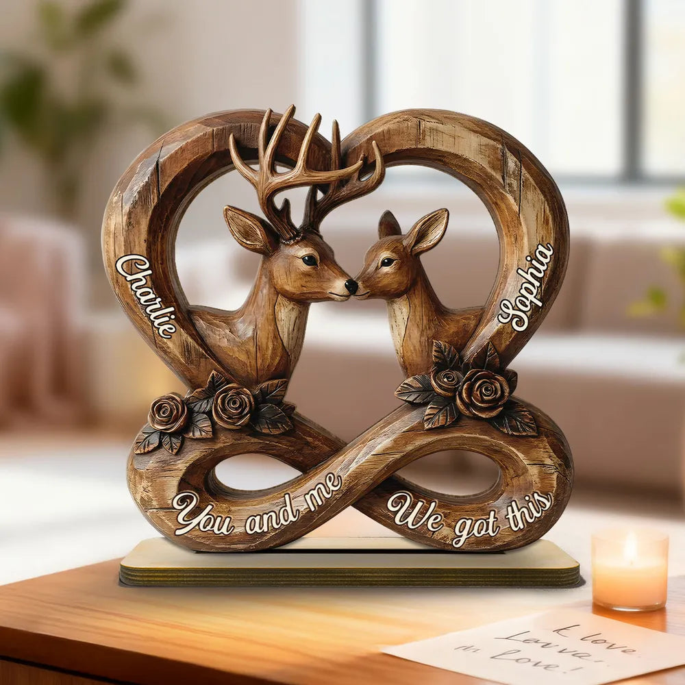 Personalized 2-Layer Wooden Plaque, Rustic Nuzzling Deer Couple, Unique Gift For Couples