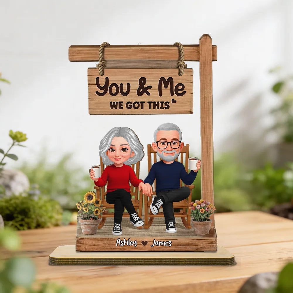 Personalized 2-Layer Wooden Plaque with Sitting Couple Holding Hands You & Me We Got This, Unique Romantic Gift