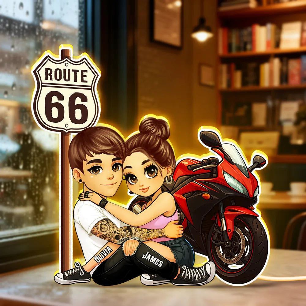 Personalized Route 66 Biker Couple Acrylic Light Box for Bedroom or Shelf Decor, Warm Glow Unique Gift for Him or Her