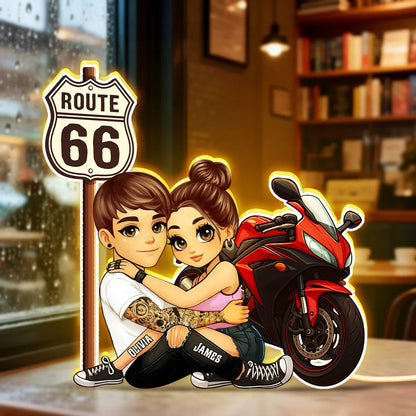 Personalized Route 66 Biker Couple Acrylic Light Box for Bedroom or Shelf Decor, Warm Glow Unique Gift for Him or Her