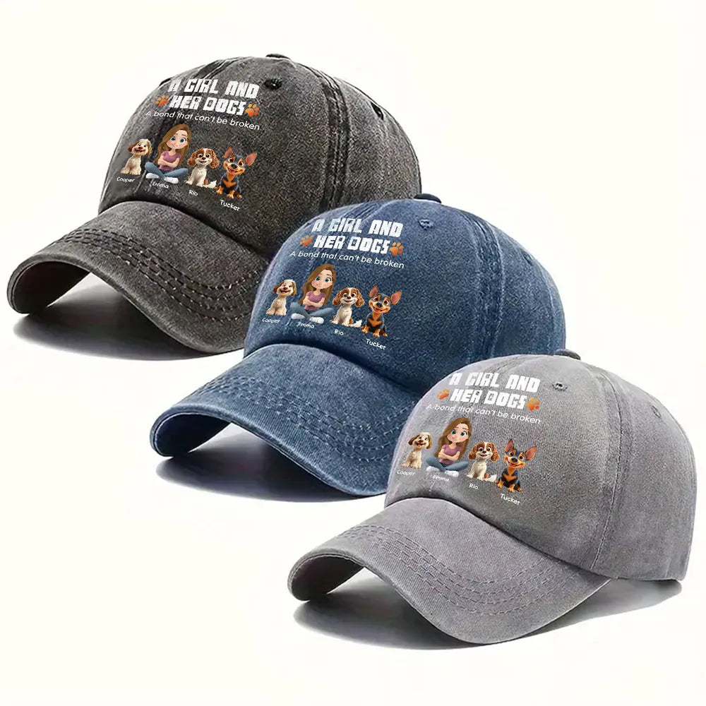 Personalized Washed Denim Baseball Cap, Sitting Man & Dog Cartoon, Unique Gift for Dog Dad