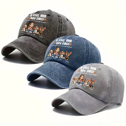 Personalized Washed Denim Baseball Cap, Sitting Man & Dog Cartoon, Unique Gift for Dog Dad