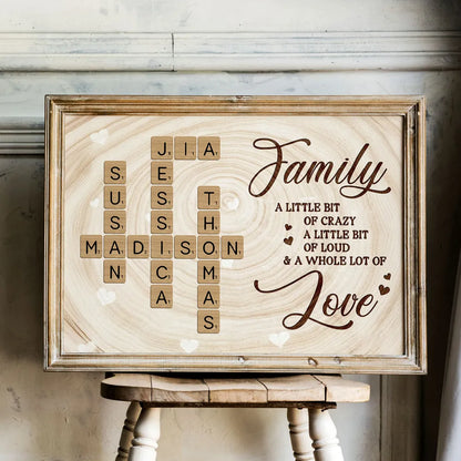 Personalized Family Crossword Poster Wall Art, Rustic Wood Look, Unique Gift for Mom for a Whole Lot of Love