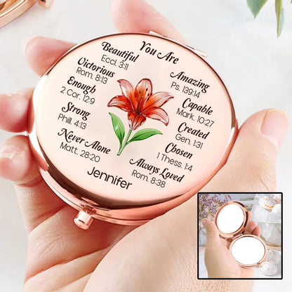 Metal Compact Mirror Personalized Name Gift with Uplifting Faith Words Lily Art Daily Reminder for Mom Daughter Friend