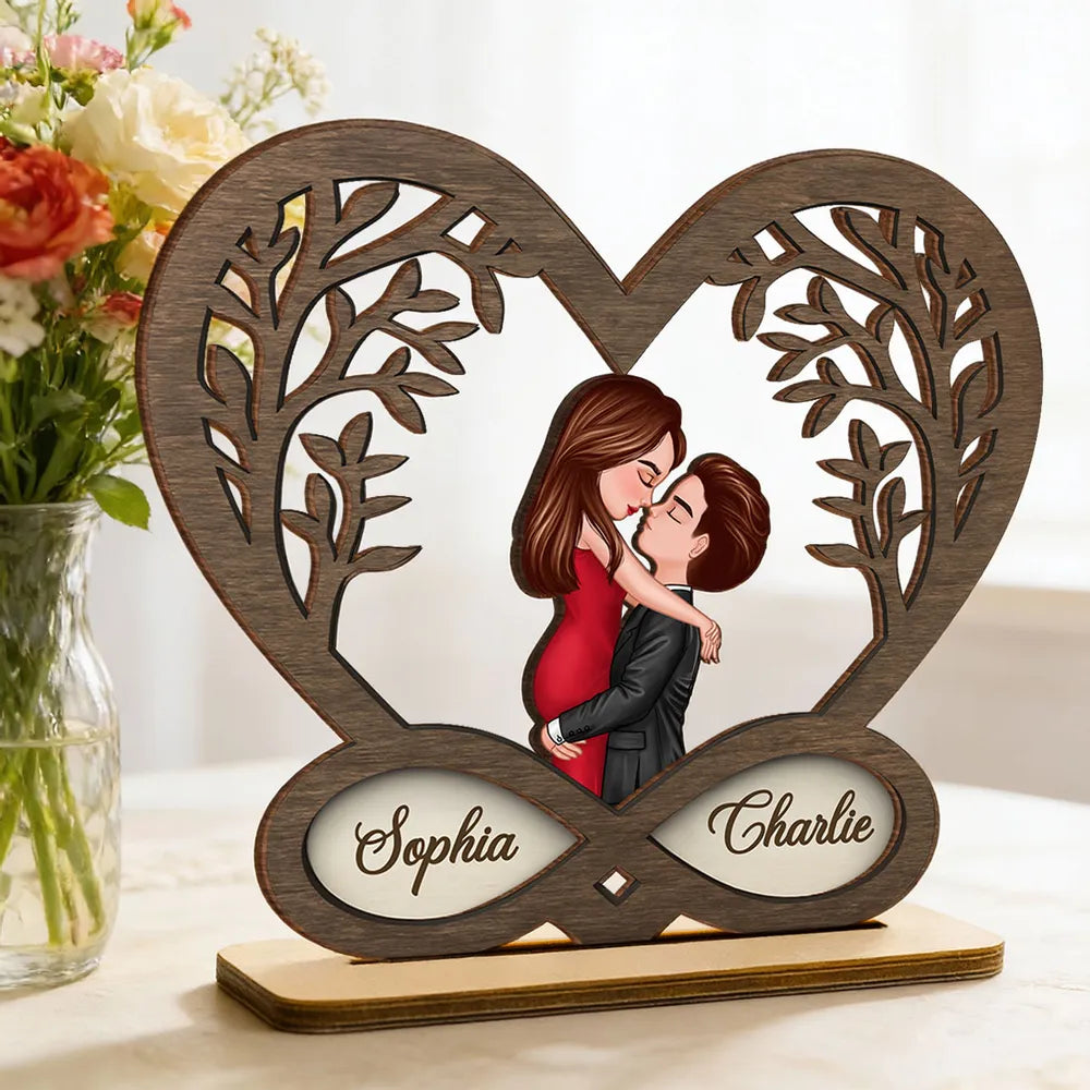 Personalized 2-Layer Wooden Plaque Kissing Couple in Infinity Heart for Bedroom Decor Unique Romantic Gift for Couples