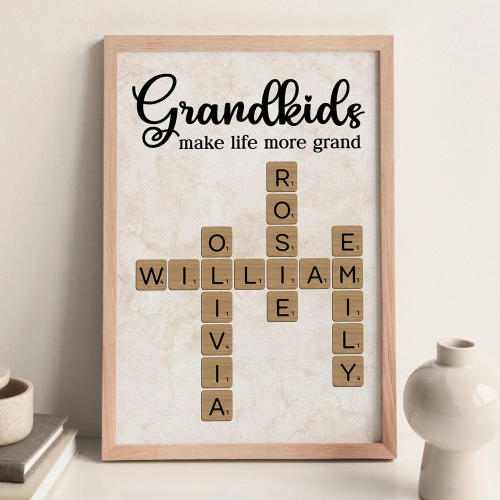 Personalized Grandkids Poster Crossword Art Gift for Grandparents – Custom Names Wall Decor That Makes Life More Grand
