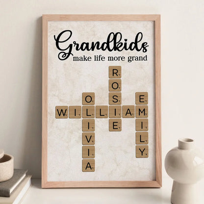 Personalized Grandkids Poster Crossword Art Gift for Grandparents – Custom Names Wall Decor That Makes Life More Grand