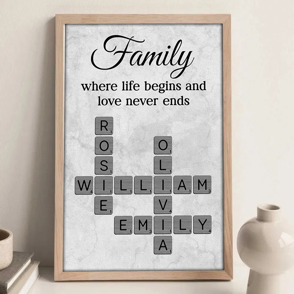 Family Where Life Begins and Love Never Ends Personalized Poster – Custom Crossword Wall Art, Heartfelt Gift for Any Home