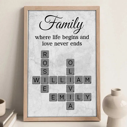 Family Where Life Begins and Love Never Ends Personalized Poster – Custom Crossword Wall Art, Heartfelt Gift for Any Home