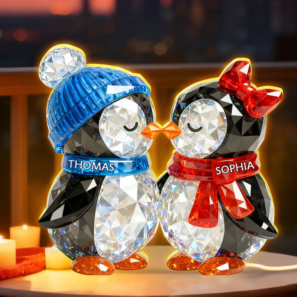 Custom Penguin Couple Acrylic Light Box with Names, Romantic LED Night Light Gift for Couples
