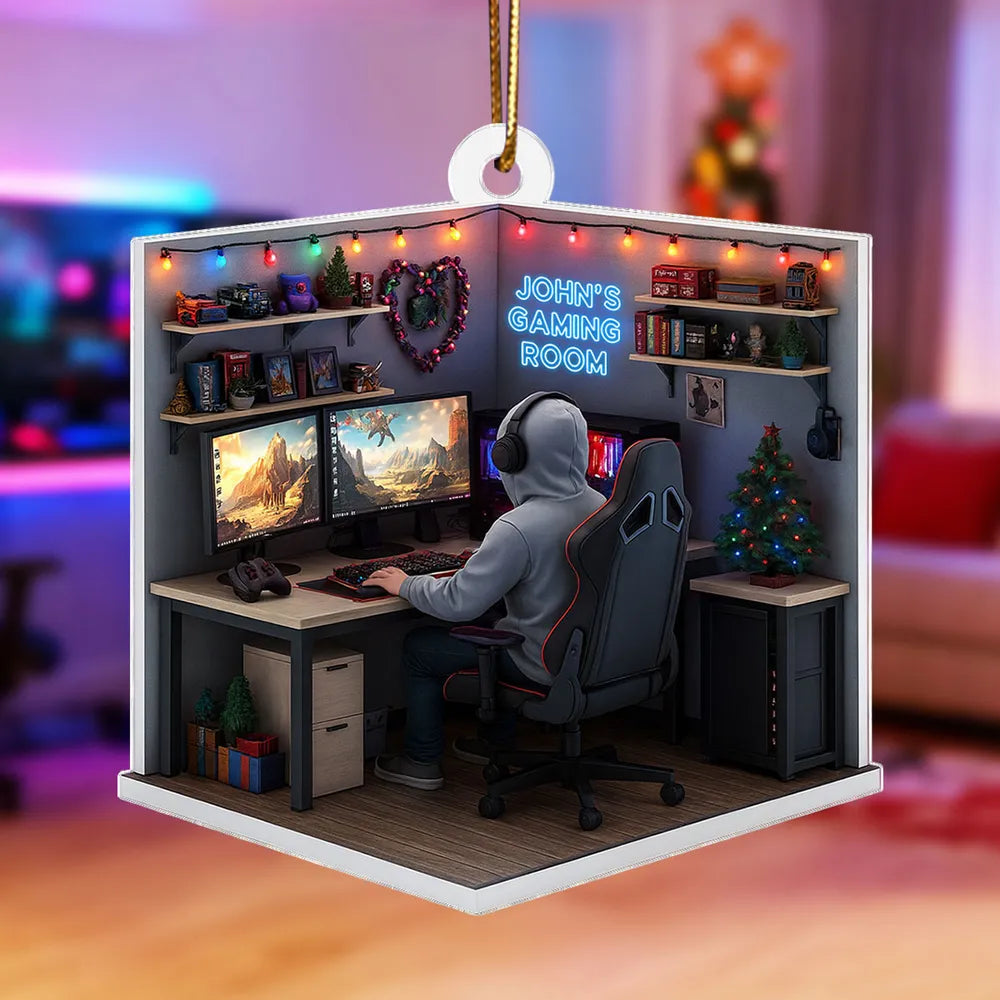 Personalized Acrylic Ornament, Gamer at Dual Monitors in a Festive Gaming Room, Unique Christmas Gift