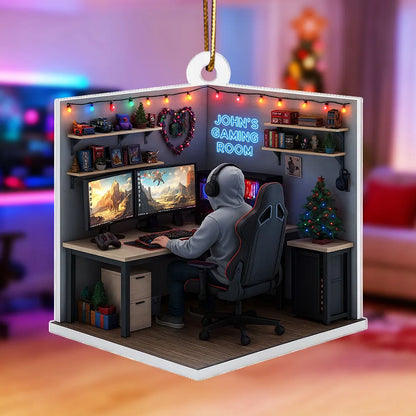 Personalized Acrylic Ornament, Gamer at Dual Monitors in a Festive Gaming Room, Unique Christmas Gift