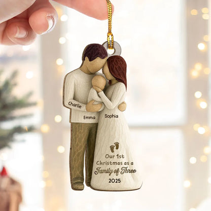 Custom Family of Three Wooden Ornament – New Baby Christmas Keepsake for Proud Parents, Unique Holiday Gift