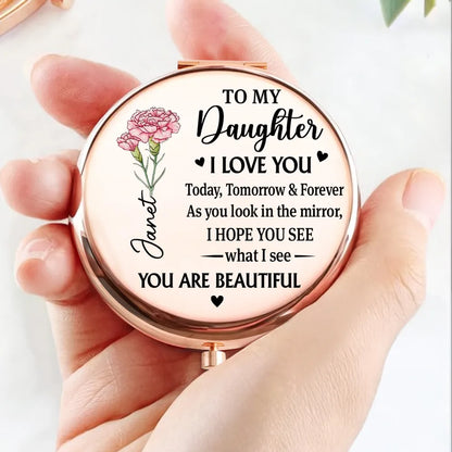 Metal Compact Mirror for Daughter, Floral Rose Gold Keepsake, 'I Love You' Message, Unique Creative Gift for Her
