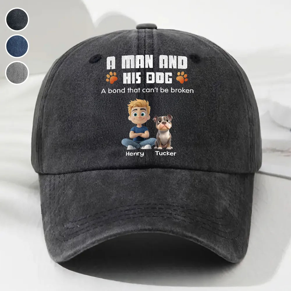 Personalized Washed Denim Baseball Cap, Sitting Man & Dog Cartoon, Unique Gift for Dog Dad