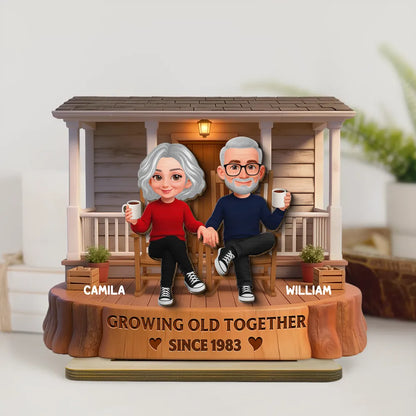 Personalized 2-Layer Wooden Plaque, Couple Holding Hands on a Cozy Front Porch, Growing Old Together, Unique Gift for Him & Her