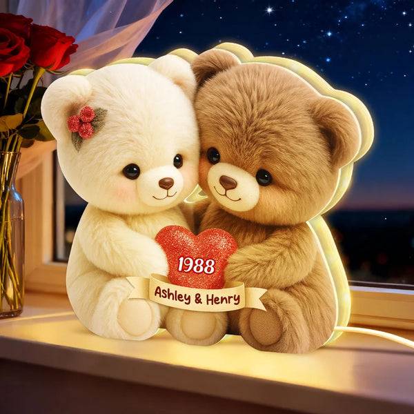 Personalized Acrylic Light Box with Hugging Bear Couple, Soft Warm Glow Bedroom Lamp, Unique Romantic Gift for Couples