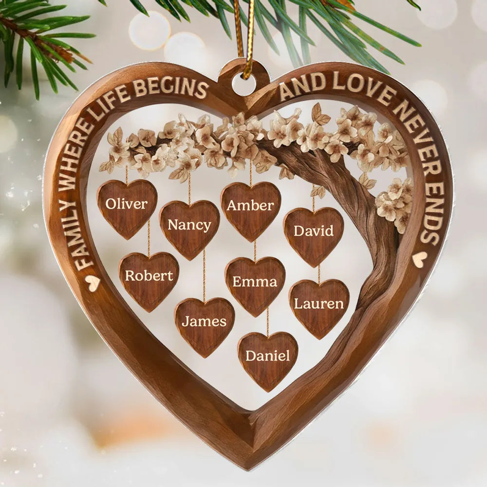 Acrylic Ornament Family Where Life Begins and Love Never Ends Heart Tree Decor, Meaningful Personalized Gift