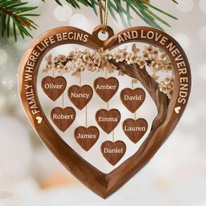 Acrylic Ornament Family Where Life Begins and Love Never Ends Heart Tree Decor, Meaningful Personalized Gift