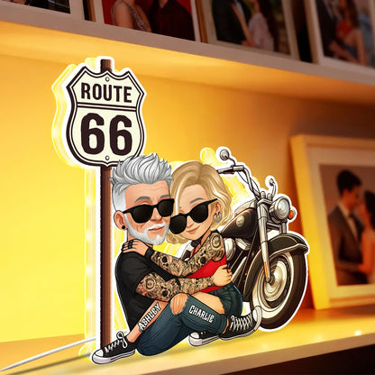 Personalized Route 66 Biker Couple Acrylic Light Box for Bedroom or Shelf Decor, Warm Glow Unique Gift for Him or Her