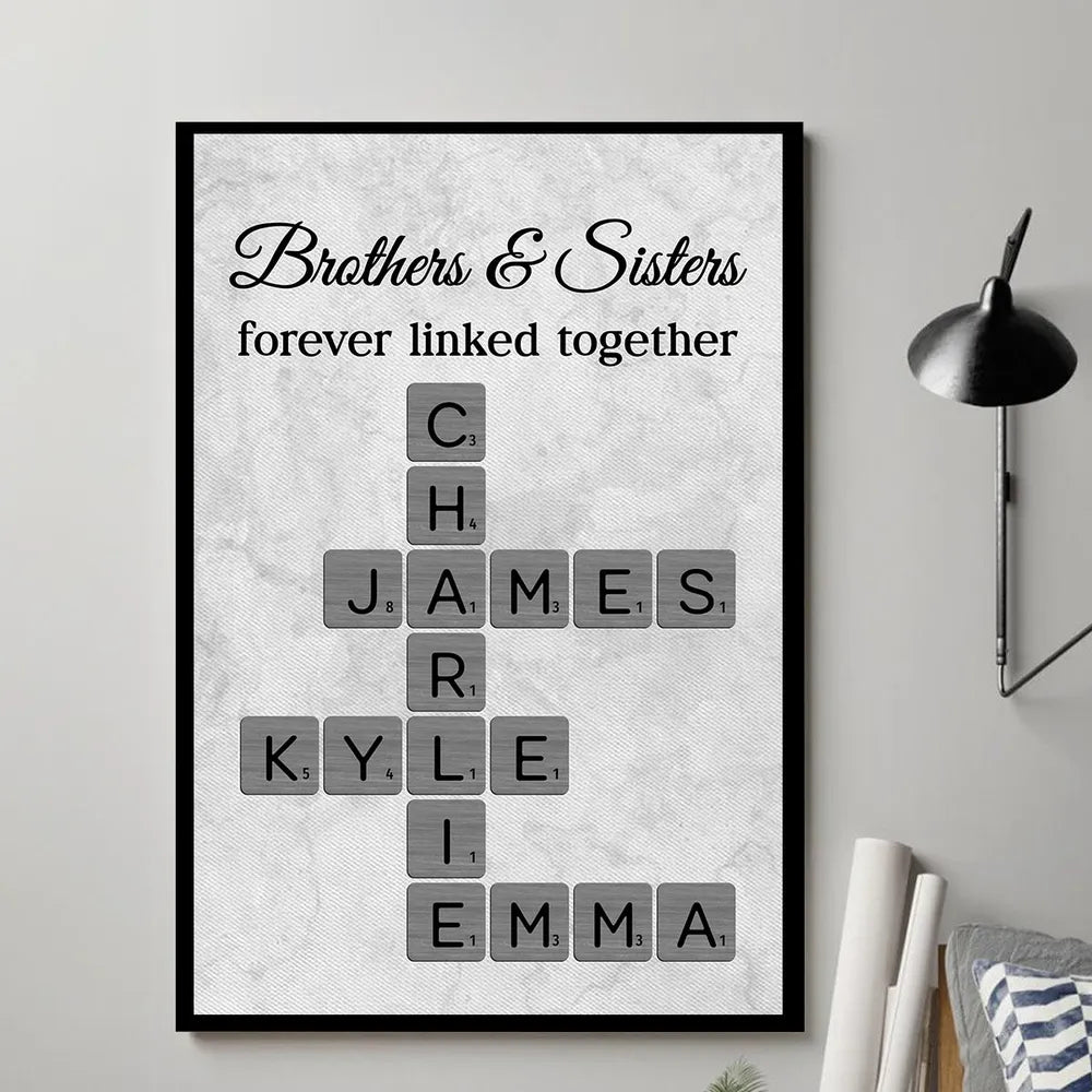 Personalized Poster with Brothers & Sisters Linked Crossword Art, Unique Gift for Siblings and Family