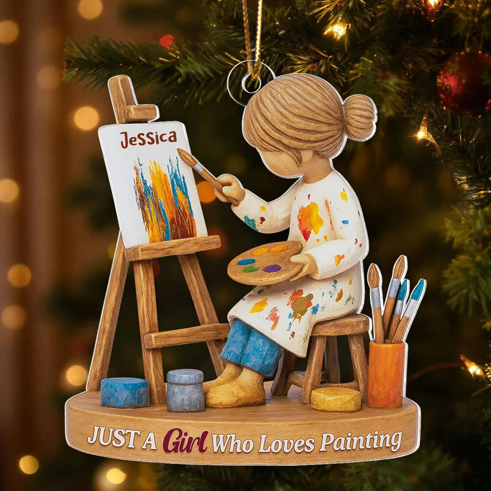 Personalized Acrylic Ornament, Girl Painting at an Easel, Unique Christmas Gift for Artist