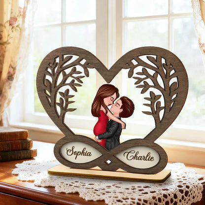 Personalized 2-Layer Wooden Plaque Kissing Couple in Infinity Heart for Bedroom Decor Unique Romantic Gift for Couples