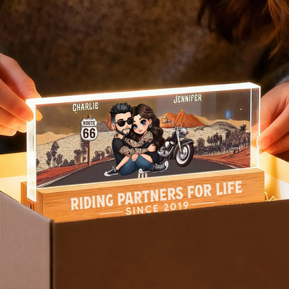 Personalized Block LED Light Plaque for Biker Couple Hugging by Route 66 Sunset Unique Romantic Gift for Him or Her