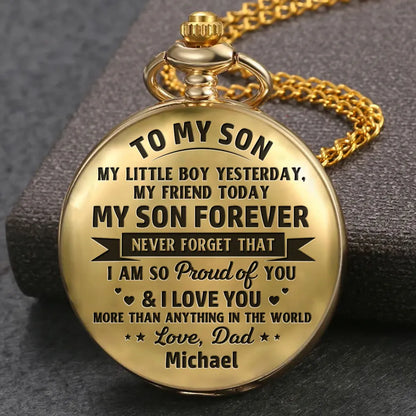 Personalized Pocket Watch for Son, Vintage Gold Keepsake, Unique Gift from Dad