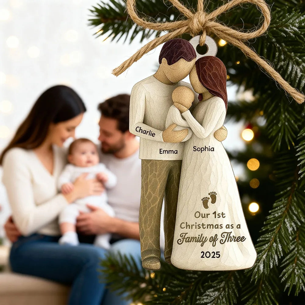 Custom Family of Three Wooden Ornament – New Baby Christmas Keepsake for Proud Parents, Unique Holiday Gift