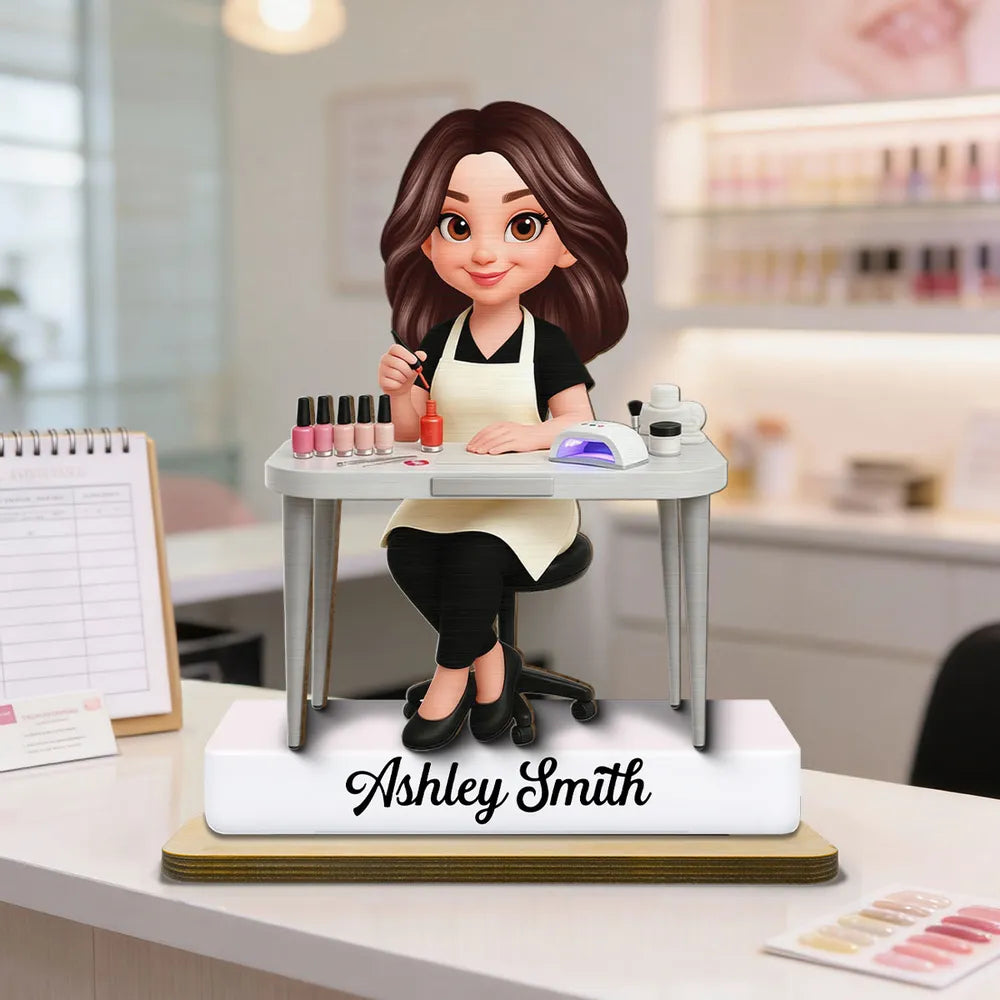 Personalized 2-Layer Wooden Plaque Nail Technician Desk Scene Cute Cartoon Style Unique Gift For Salon Workspaces
