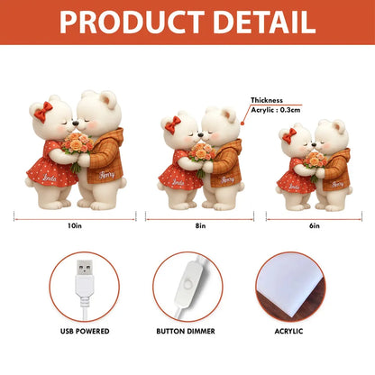 Personalized Acrylic Light Box with Kissing Bear Couple, Soft Warm Glow Romantic Bedroom Lamp, Unique Gift for Couples