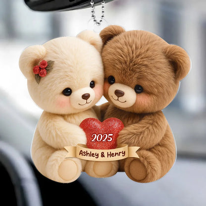 Personalized Acrylic Car Hanger with Cute Bear Couple – Custom Car Mirror Decor and Unique Romantic Gift for Couples